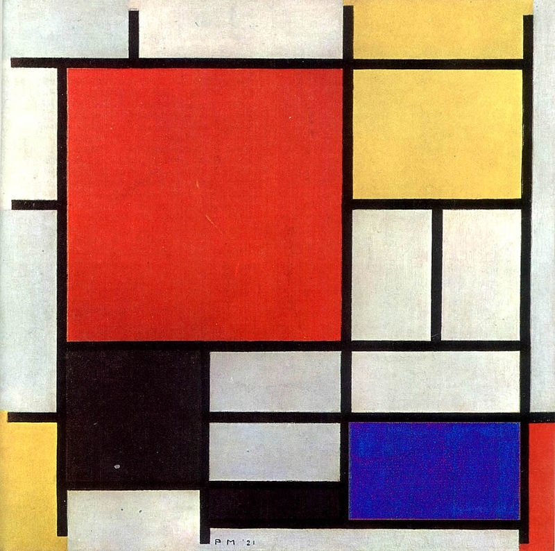 Mondriaan-%20Compositie in rood, geel, blauw en zwart